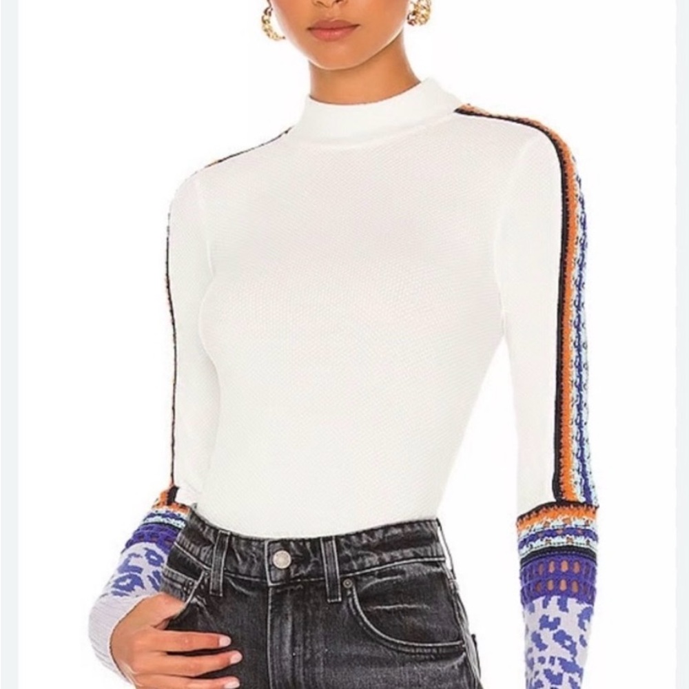 Free People White Top with Blue and Orange Accents